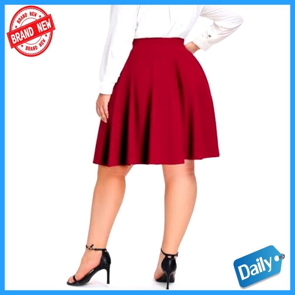 Plus Size Midi Skater Skirt High Waist A-Line Stretchy Flared with Pockets - Picture 4 of 7